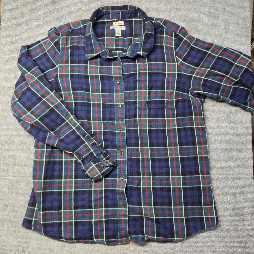 LL Bean Slightly Fitted Flannel Shirt Womens XL Blue Green Plaid Cotton Classic